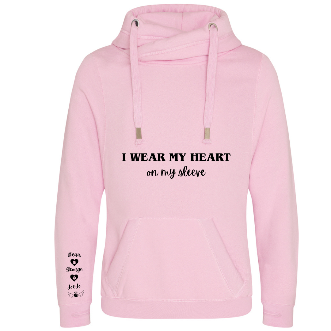 Personalised Pet Names Cross Neck Hibernate Style Hoodie - "I wear my heart on my sleeve"