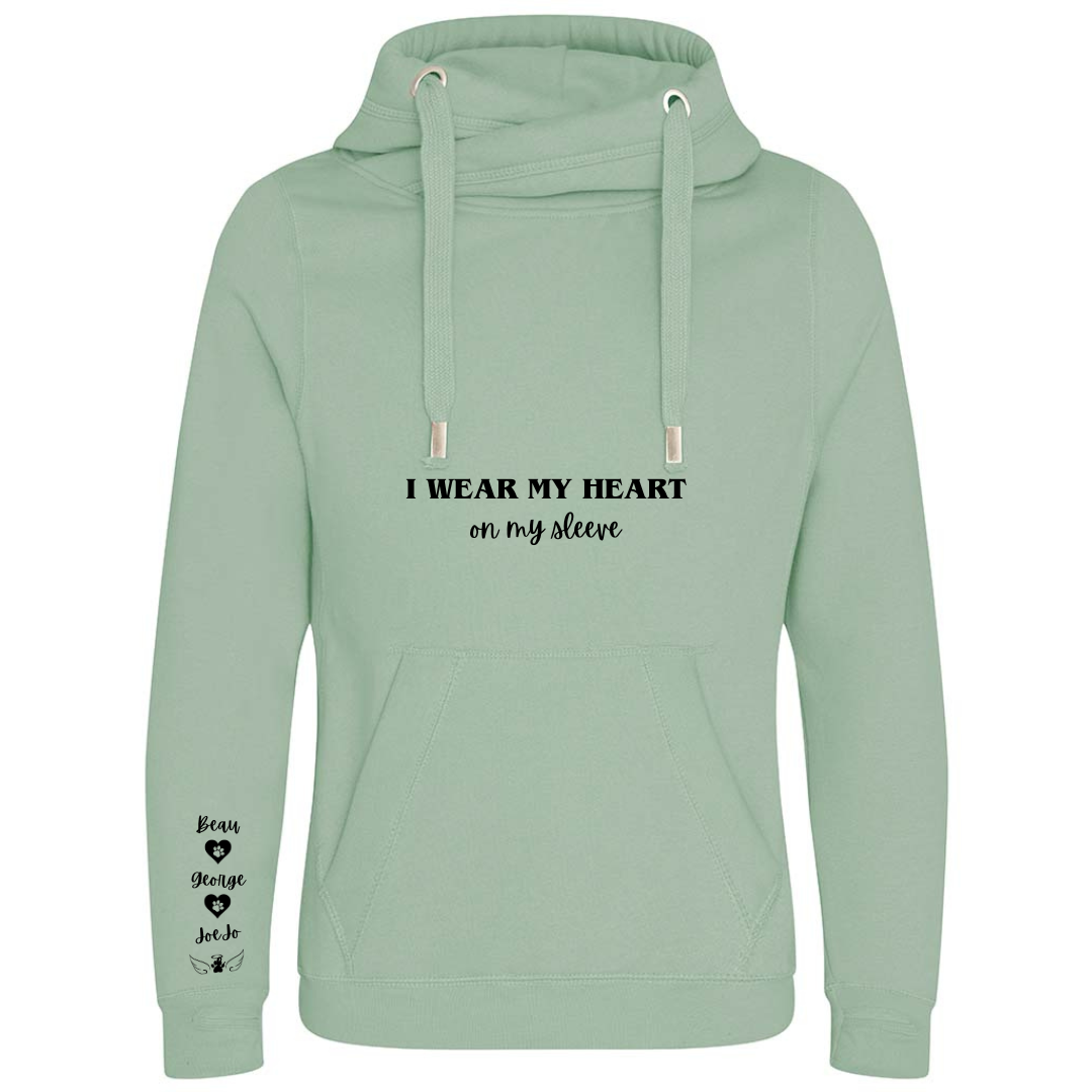 Personalised Pet Names Cross Neck Hibernate Style Hoodie - "I wear my heart on my sleeve"