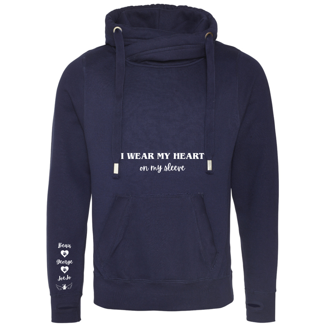 Personalised Pet Names Cross Neck Hibernate Style Hoodie - "I wear my heart on my sleeve"