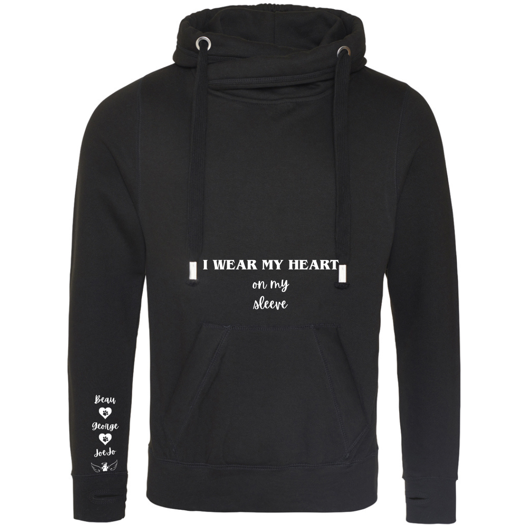 Personalised Pet Names Cross Neck Hibernate Style Hoodie - "I wear my heart on my sleeve"