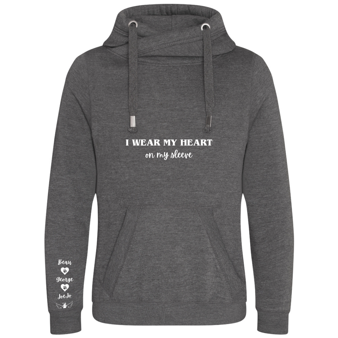 Personalised Pet Names Cross Neck Hibernate Style Hoodie - "I wear my heart on my sleeve"