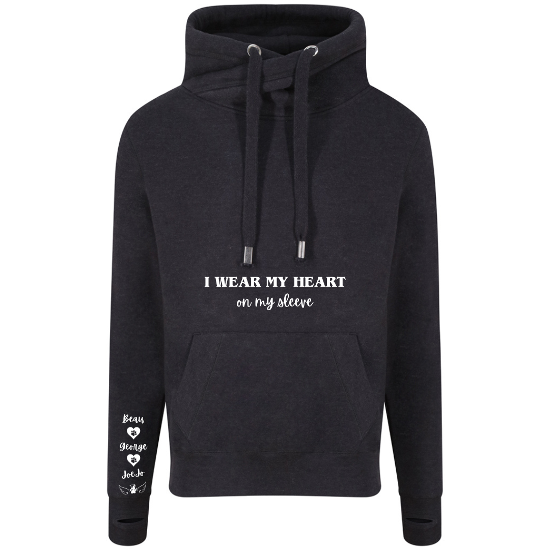 Personalised Pet Names Cross Neck Hibernate Style Hoodie - "I wear my heart on my sleeve"