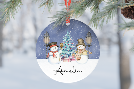 Personalised Christmas Night Snowman Ornament.