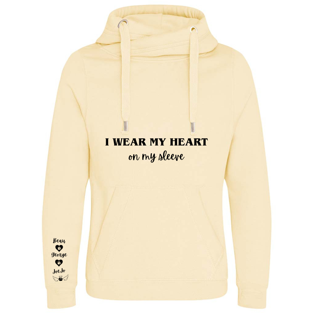 Personalised Pet Names Cross Neck Hibernate Style Hoodie - "I wear my heart on my sleeve"