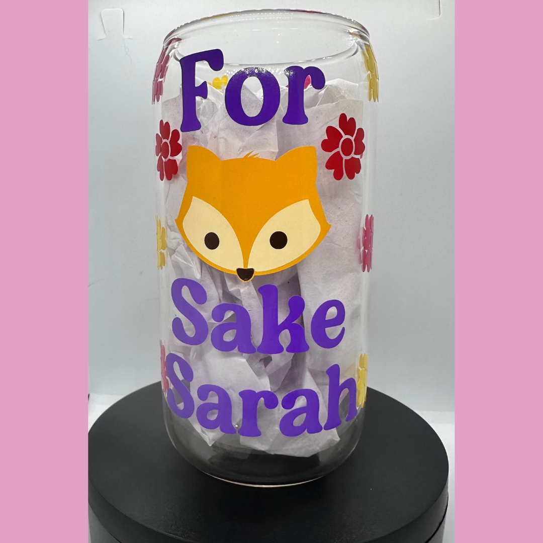 'For Fox Sake' Personalised Libbey Can Glass with lid and straw.
