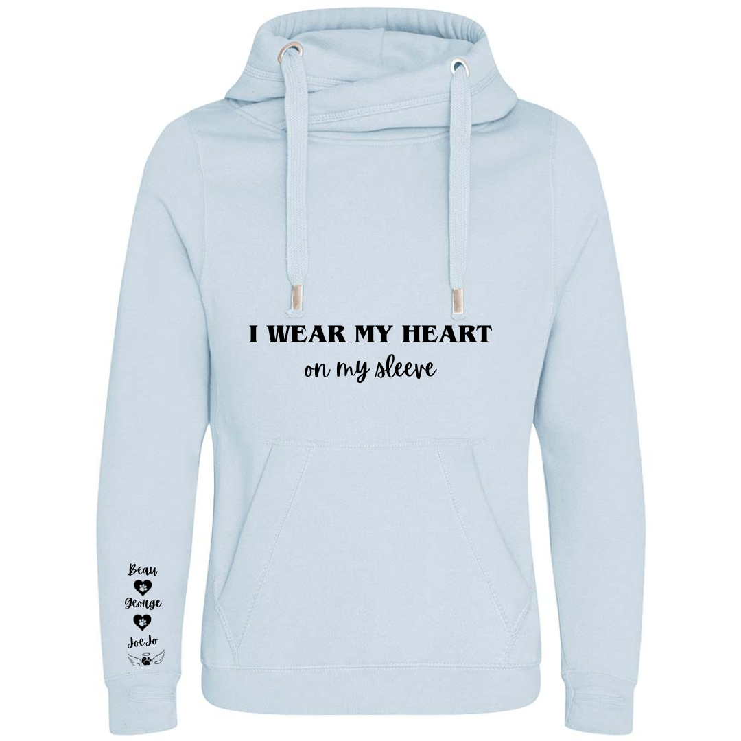 Personalised Pet Names Cross Neck Hibernate Style Hoodie - "I wear my heart on my sleeve"