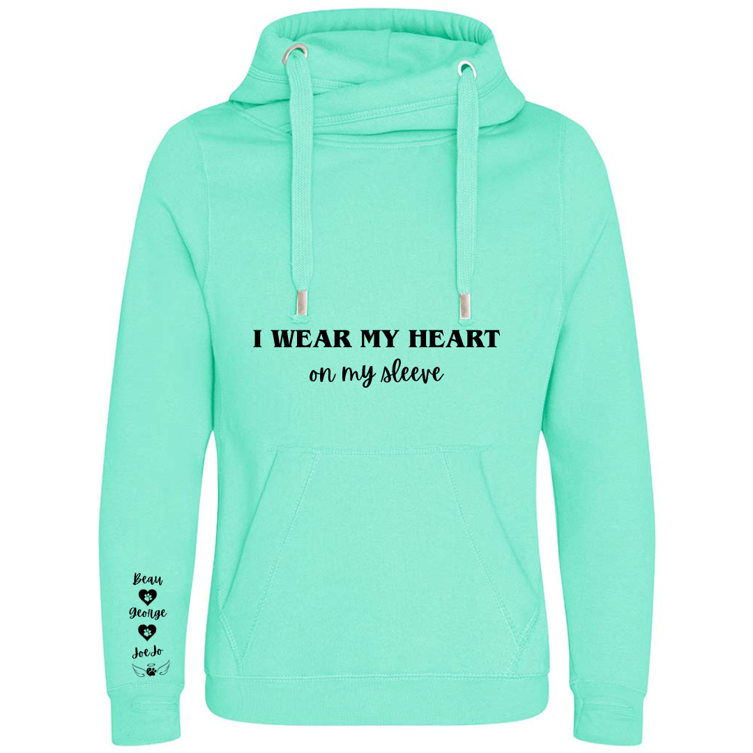 Personalised Pet Names Cross Neck Hibernate Style Hoodie - "I wear my heart on my sleeve"