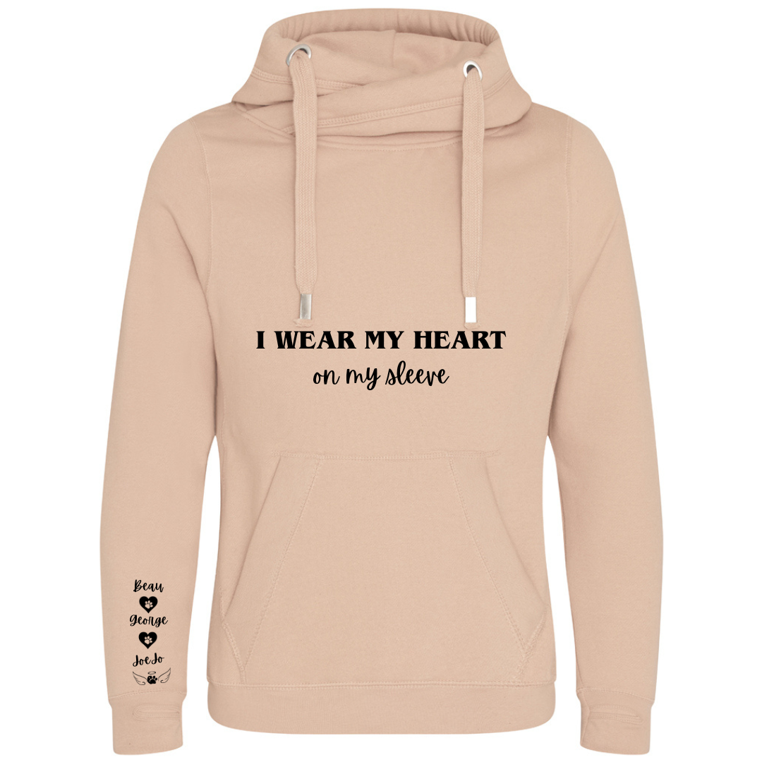 Personalised Pet Names Cross Neck Hibernate Style Hoodie - "I wear my heart on my sleeve"