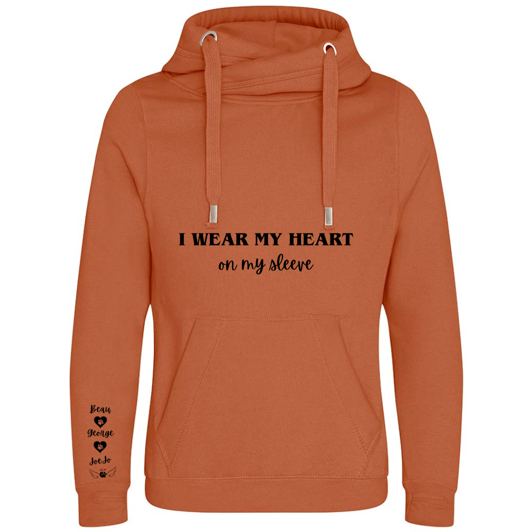 Personalised Pet Names Cross Neck Hibernate Style Hoodie - "I wear my heart on my sleeve"