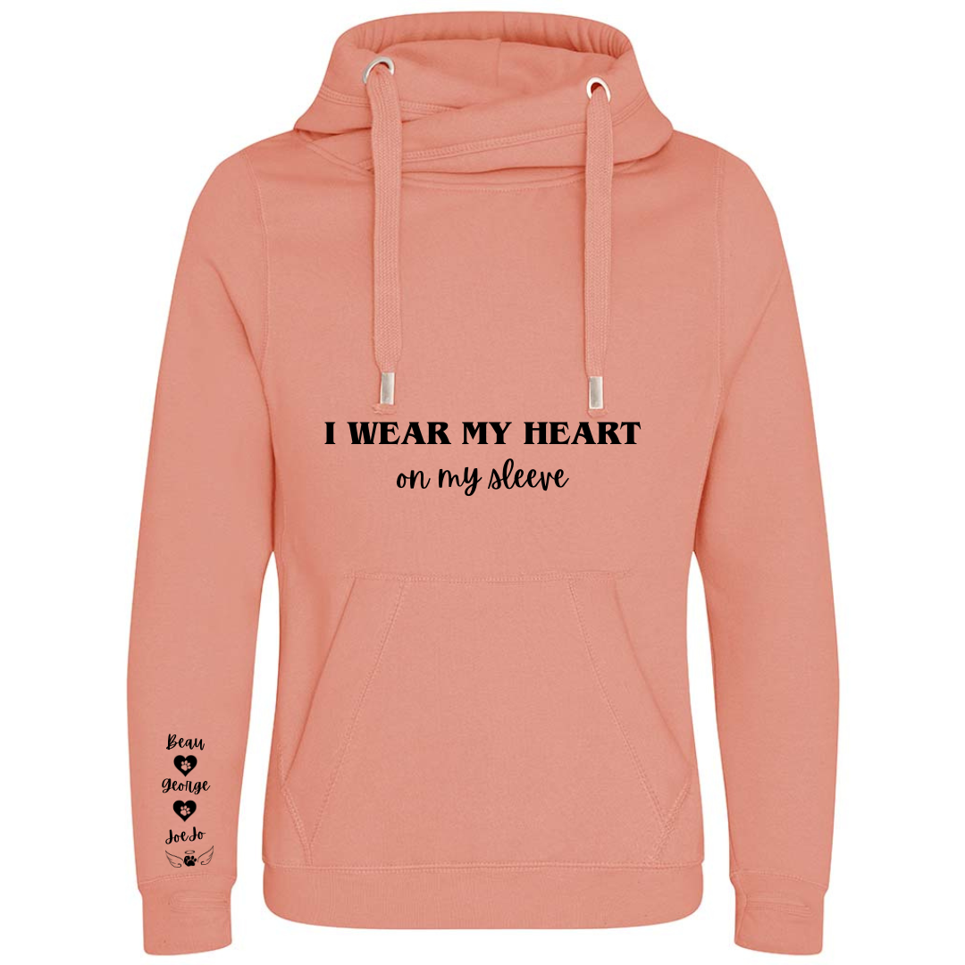 Personalised Pet Names Cross Neck Hibernate Style Hoodie - "I wear my heart on my sleeve"