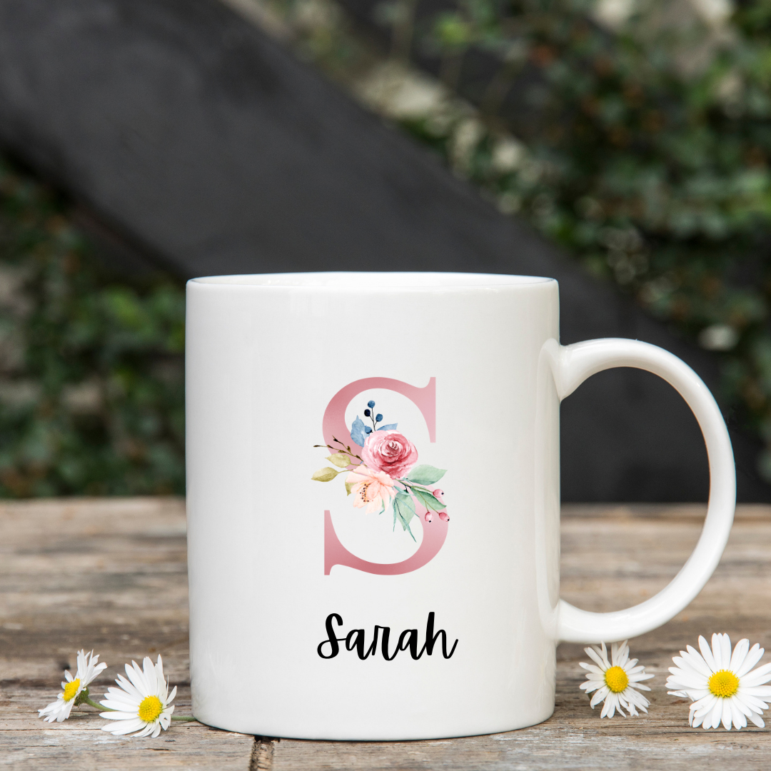Personalised Floral Initial Mug including name