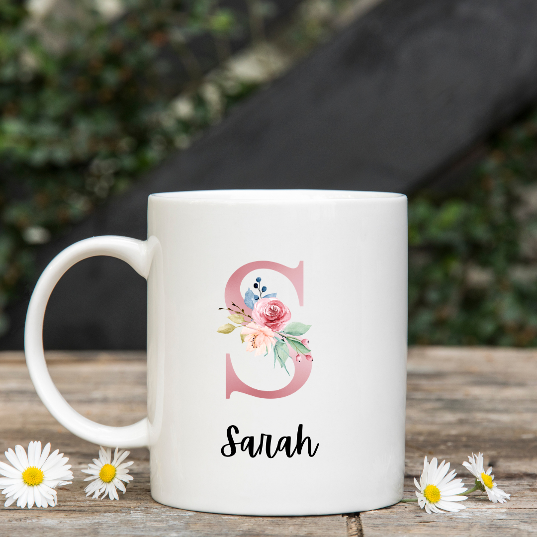 Personalised Floral Initial Mug including name