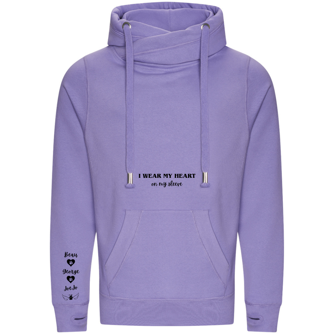 Personalised Pet Names Cross Neck Hibernate Style Hoodie - "I wear my heart on my sleeve"