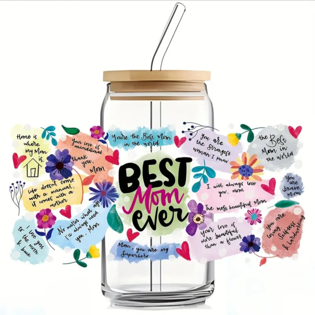 "Best Mom Ever" Libbey Can Glass with lid and straw.