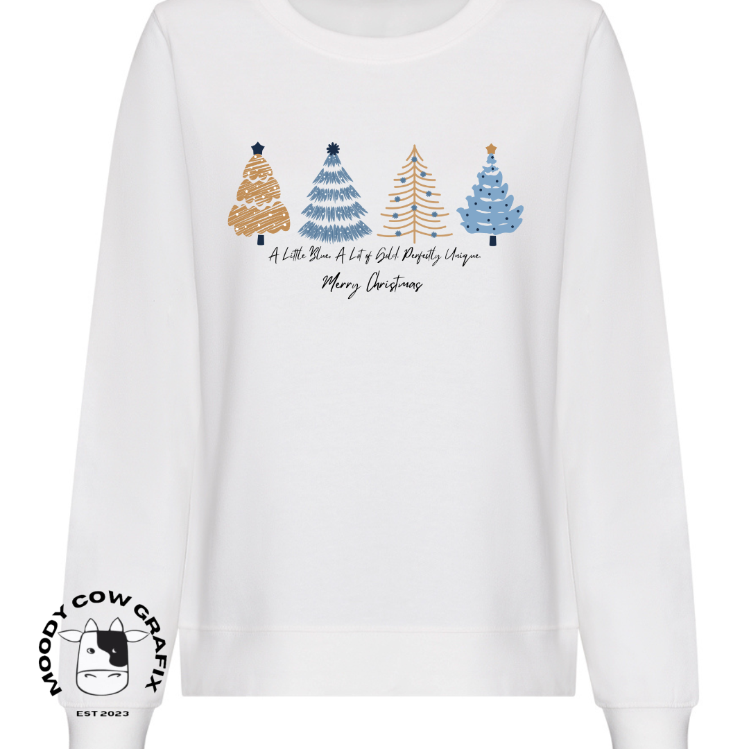 Winter Trees Blue and Gold Christmas Tree Sweatshirt.