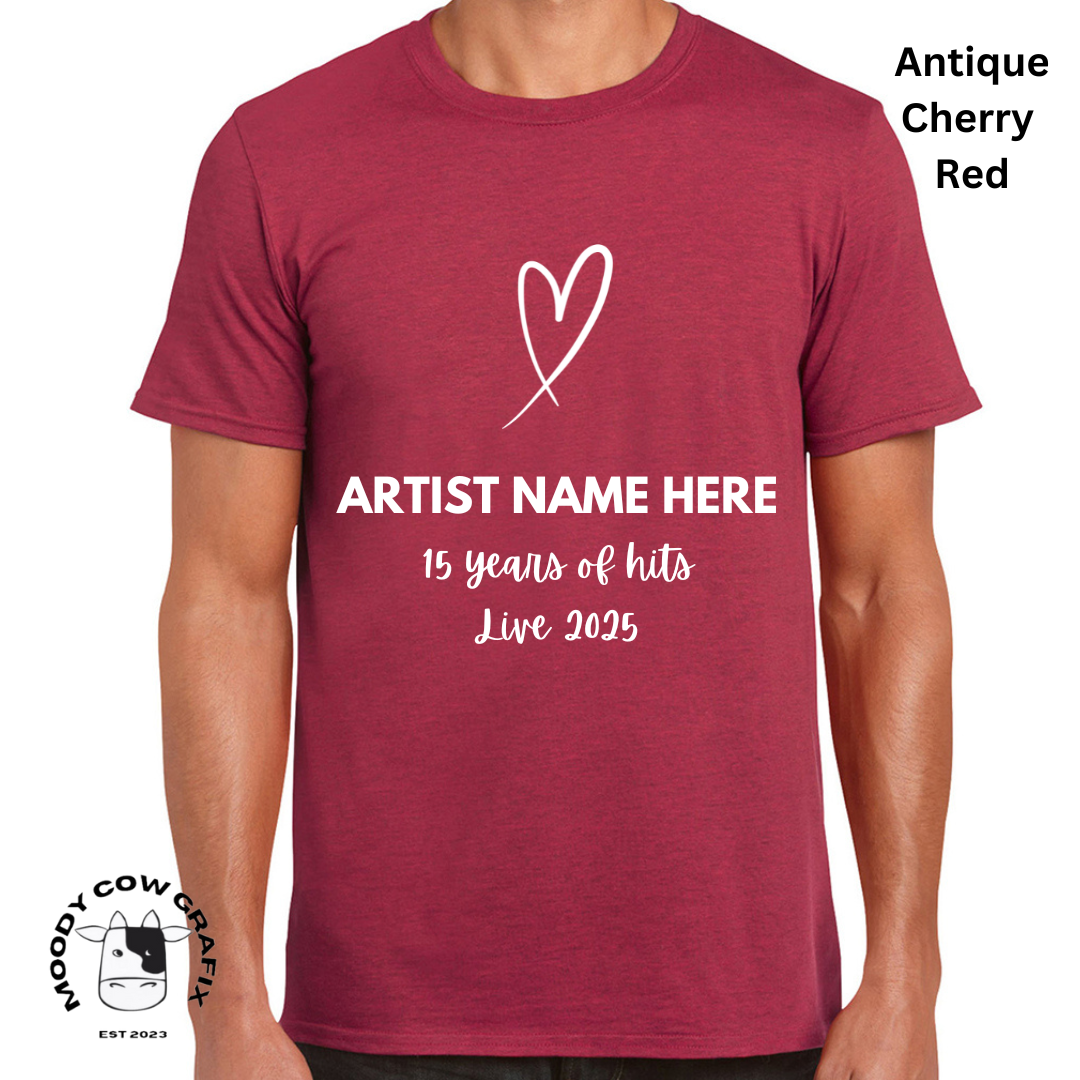 Custom Design -Unisex T-Shirt (Reds, Pinks, Yellow and Purple Colours) - 15 Years of Hits Live 2025