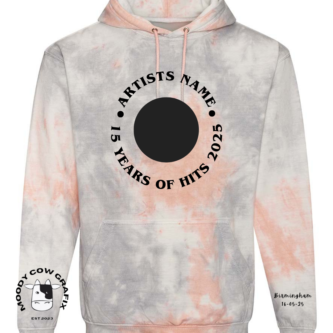 Custom Design -  Tie Dye Hoodie - 15 Years of Hits Live 2025 - Curved Design