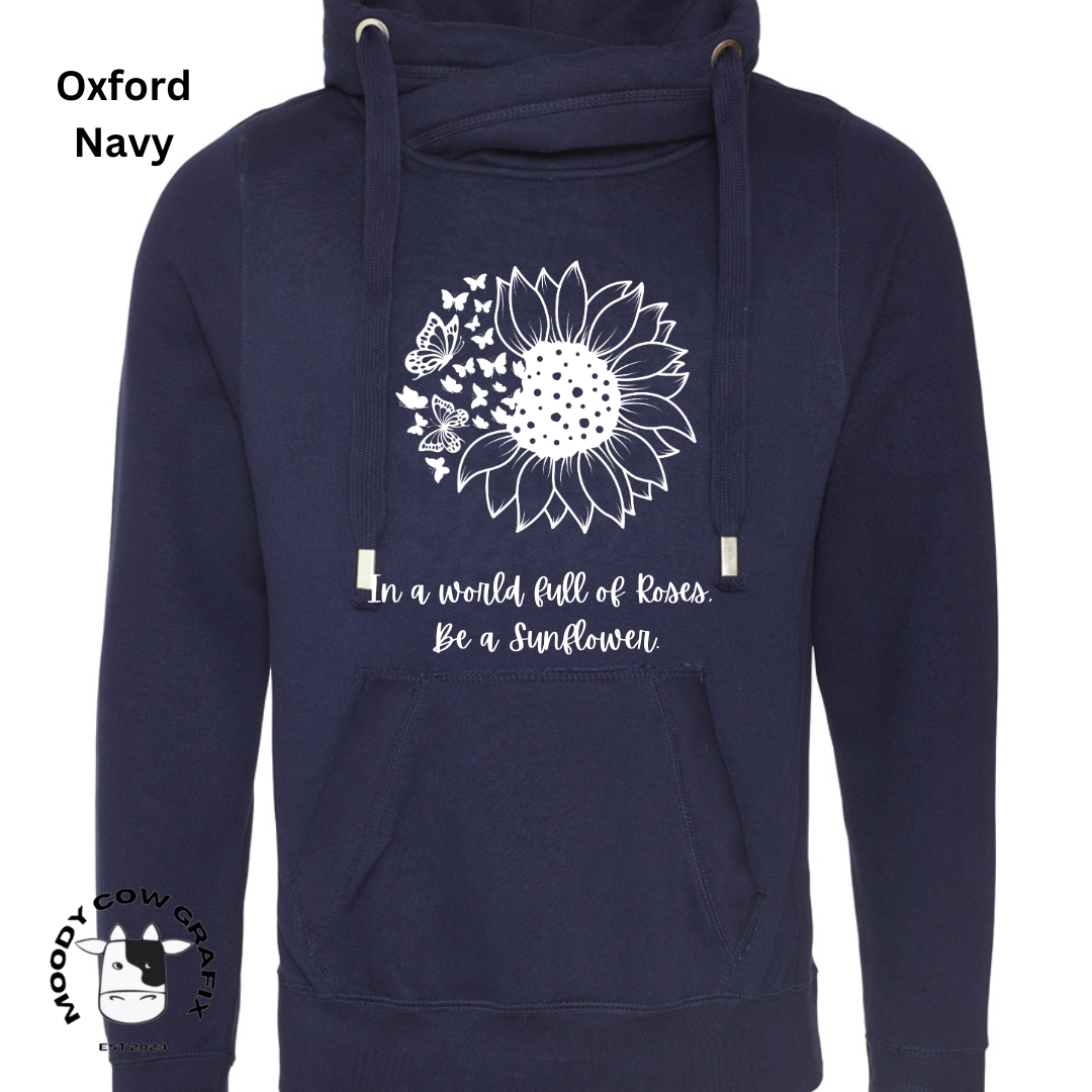 Sunflower and Butterfly Cross Neck Hibernate Style Hoodie 'In a world full of Roses, Be a Sunflower'