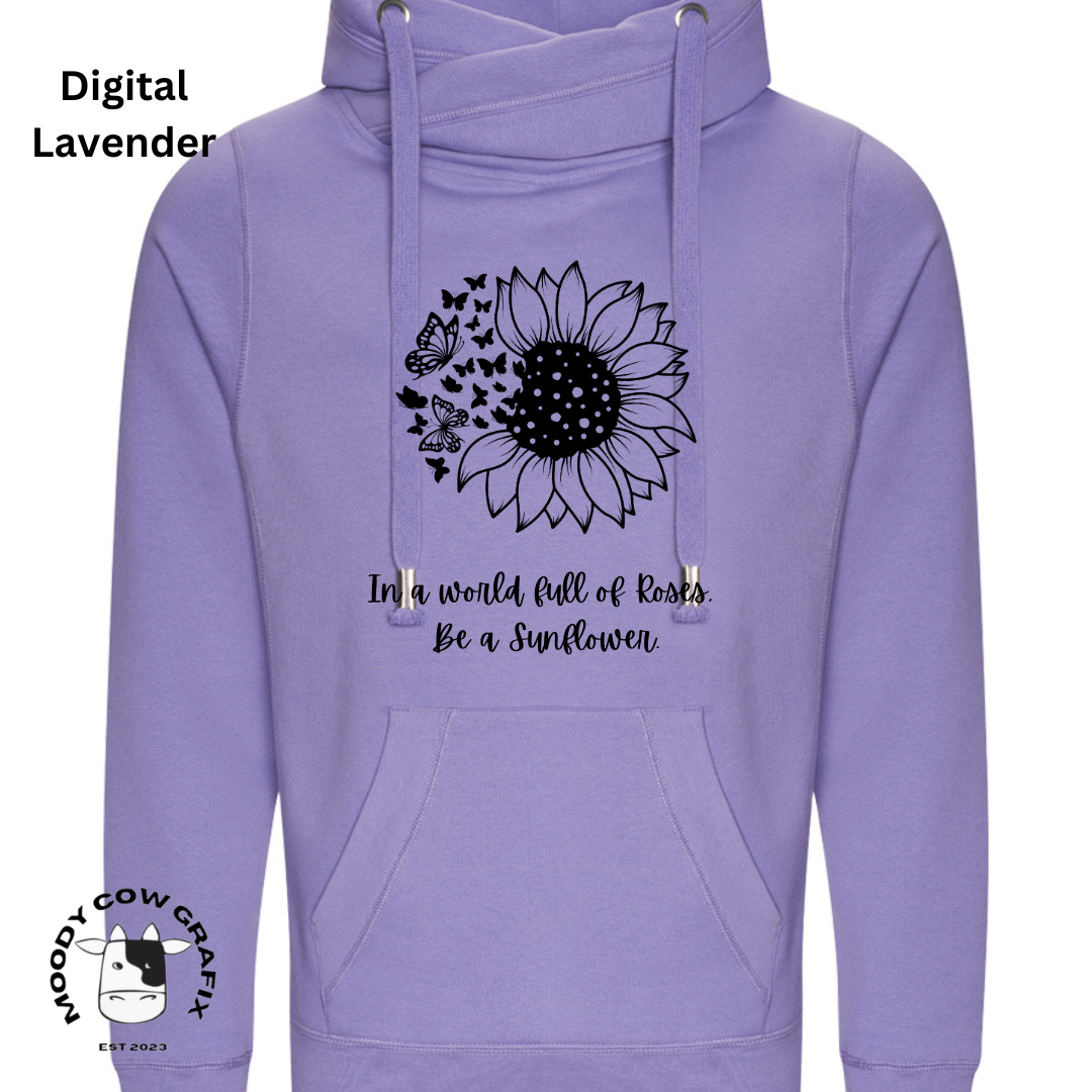 Sunflower and Butterfly Cross Neck Hibernate Style Hoodie 'In a world full of Roses, Be a Sunflower'