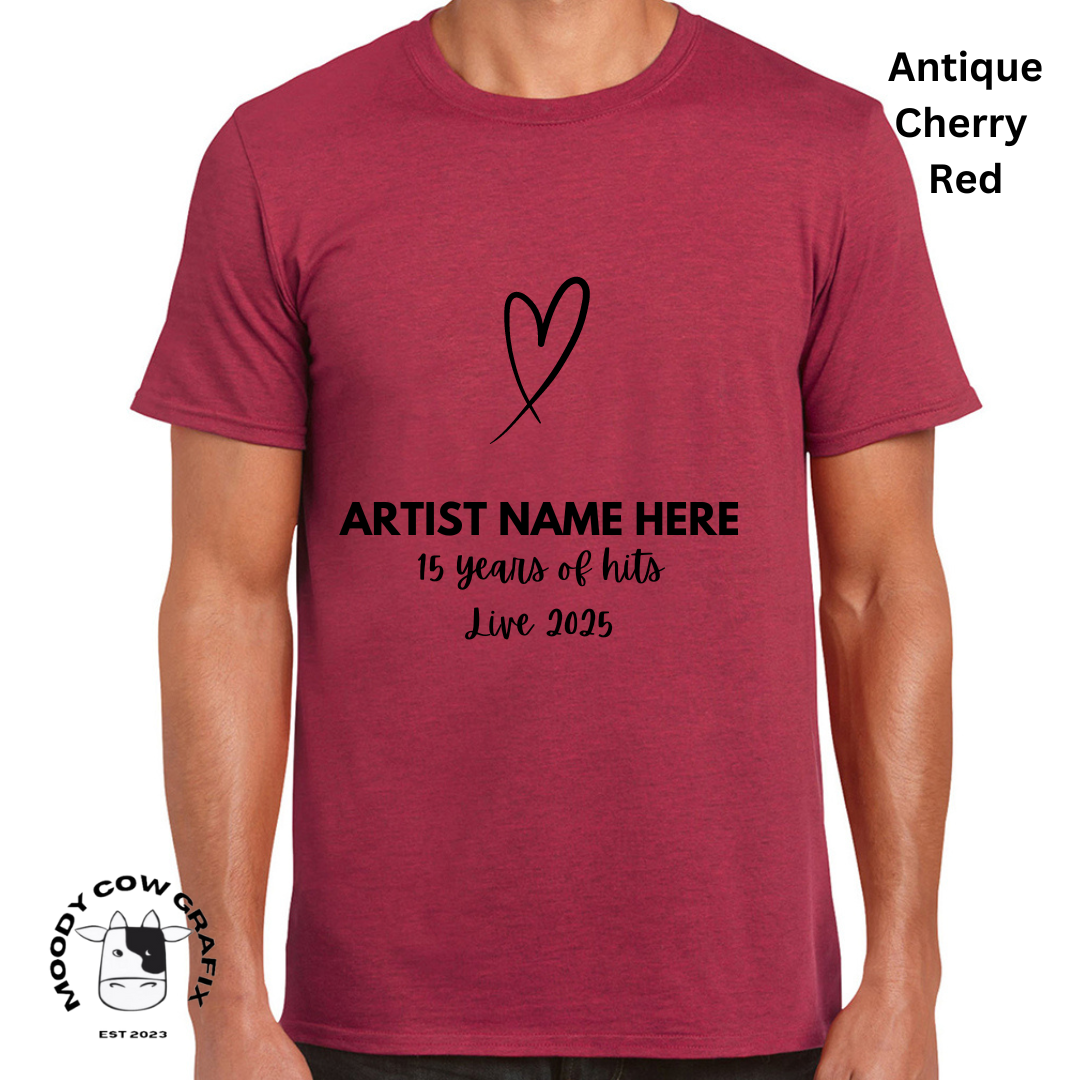 Custom Design -Unisex T-Shirt (Reds, Pinks, Yellow and Purple Colours) - 15 Years of Hits Live 2025