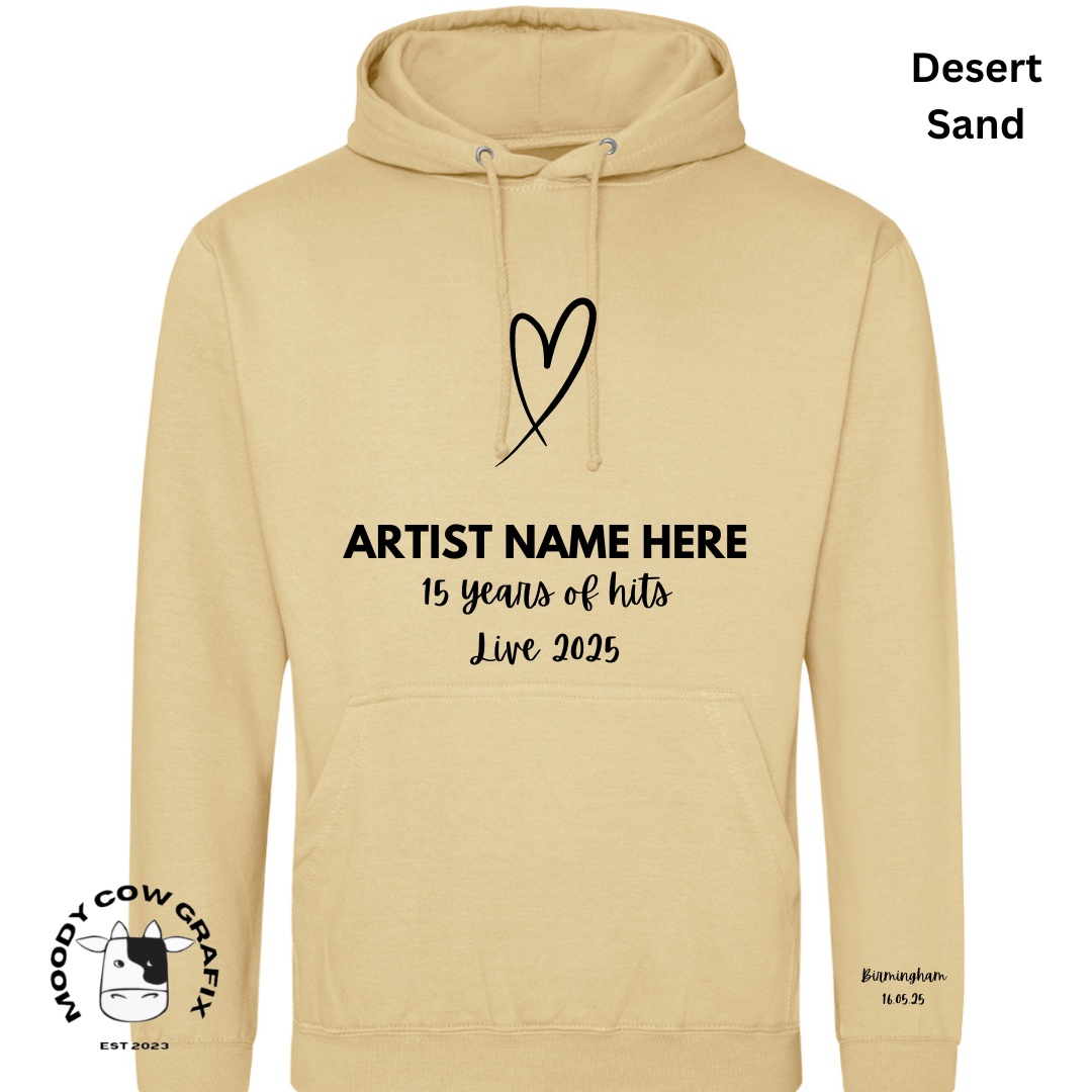 Custom Design Hoodie - 15 Years of Hits Live 2025 - Black, White, Natural Colours.