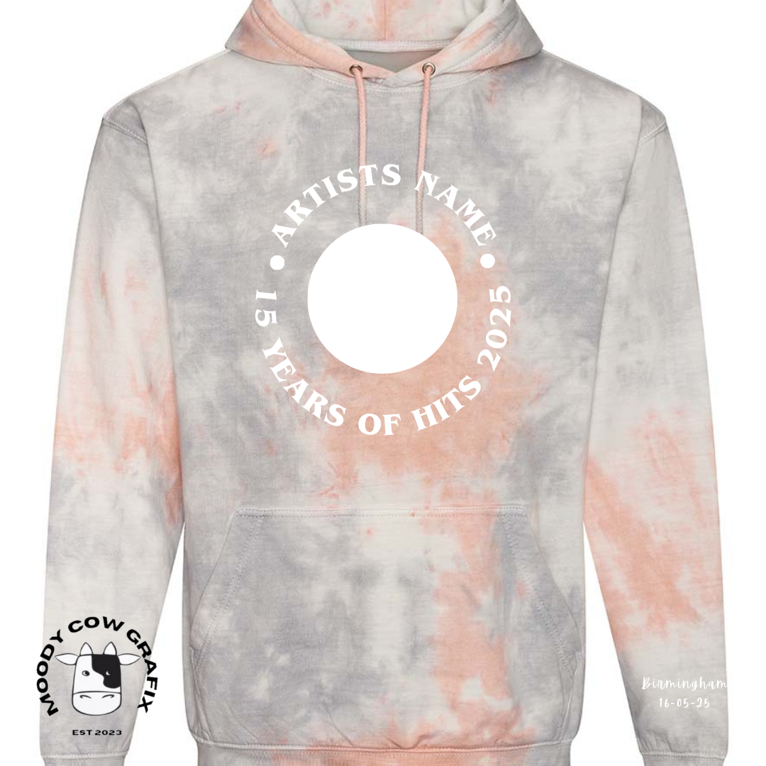 Custom Design -  Tie Dye Hoodie - 15 Years of Hits Live 2025 - Curved Design