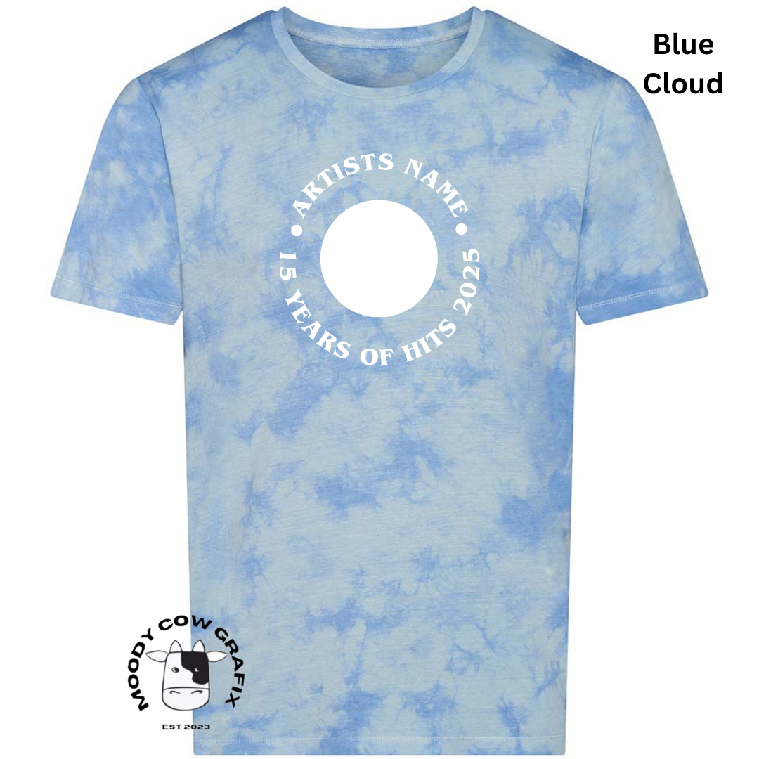 Custom Design Tie Dye T-Shirt - 15 Years of Hits Live 2025 - Curved Design