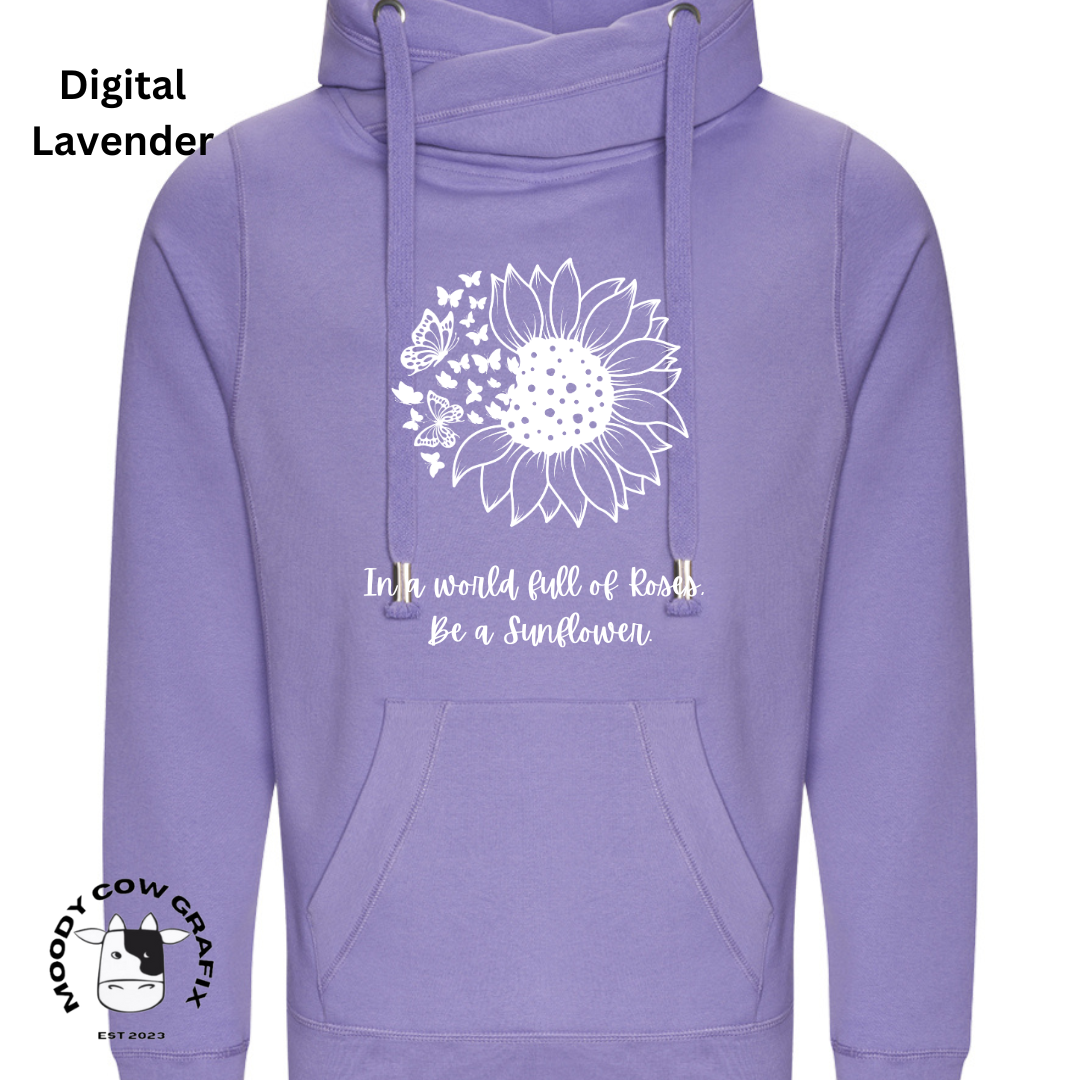 Sunflower and Butterfly Cross Neck Hibernate Style Hoodie 'In a world full of Roses, Be a Sunflower'