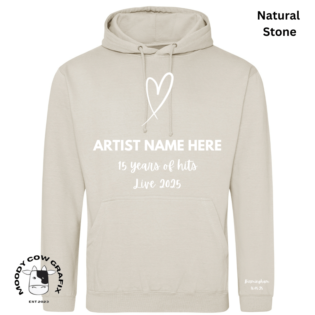 Custom Design Hoodie - 15 Years of Hits Live 2025 - Black, White, Natural Colours.