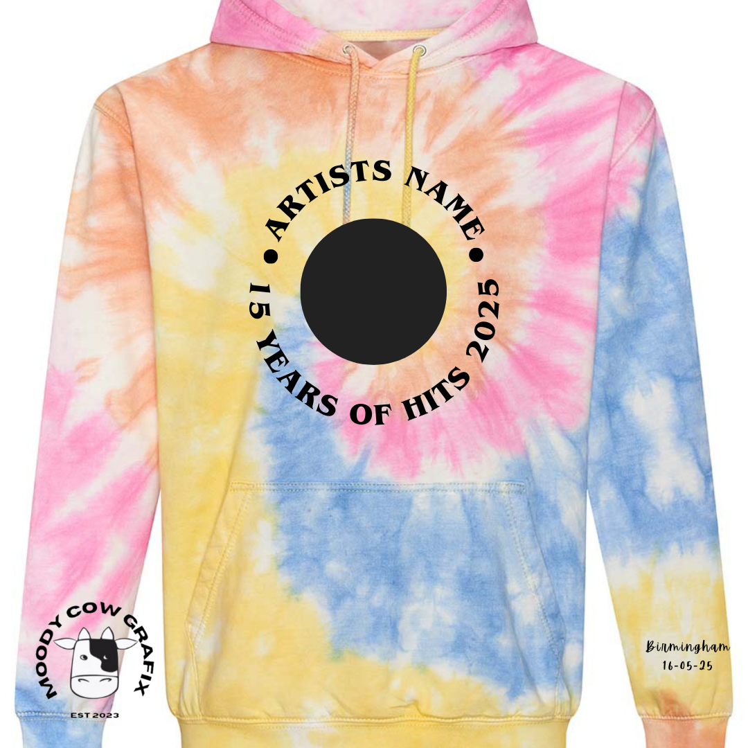 Custom Design -  Tie Dye Hoodie - 15 Years of Hits Live 2025 - Curved Design