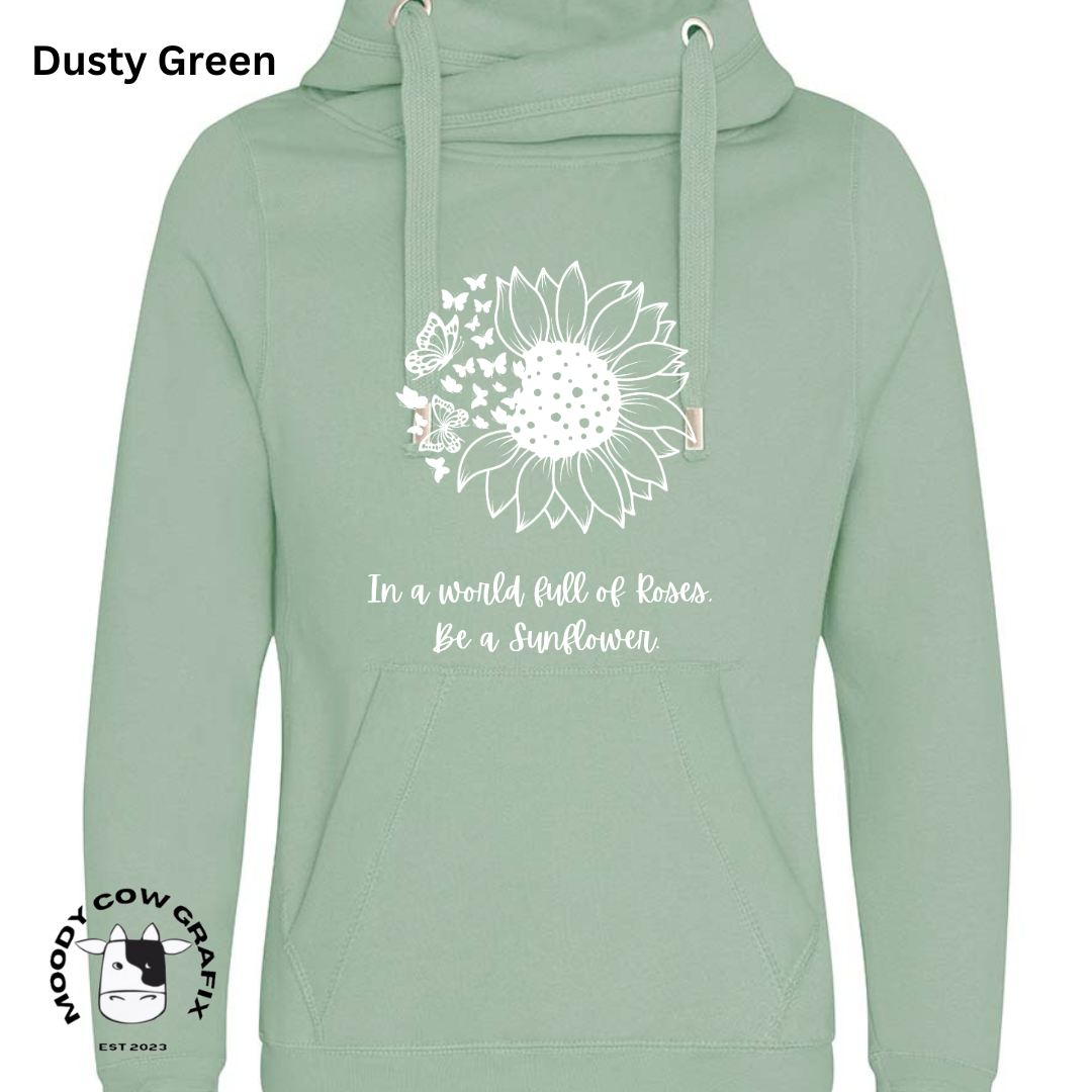 Sunflower and Butterfly Cross Neck Hibernate Style Hoodie 'In a world full of Roses, Be a Sunflower'