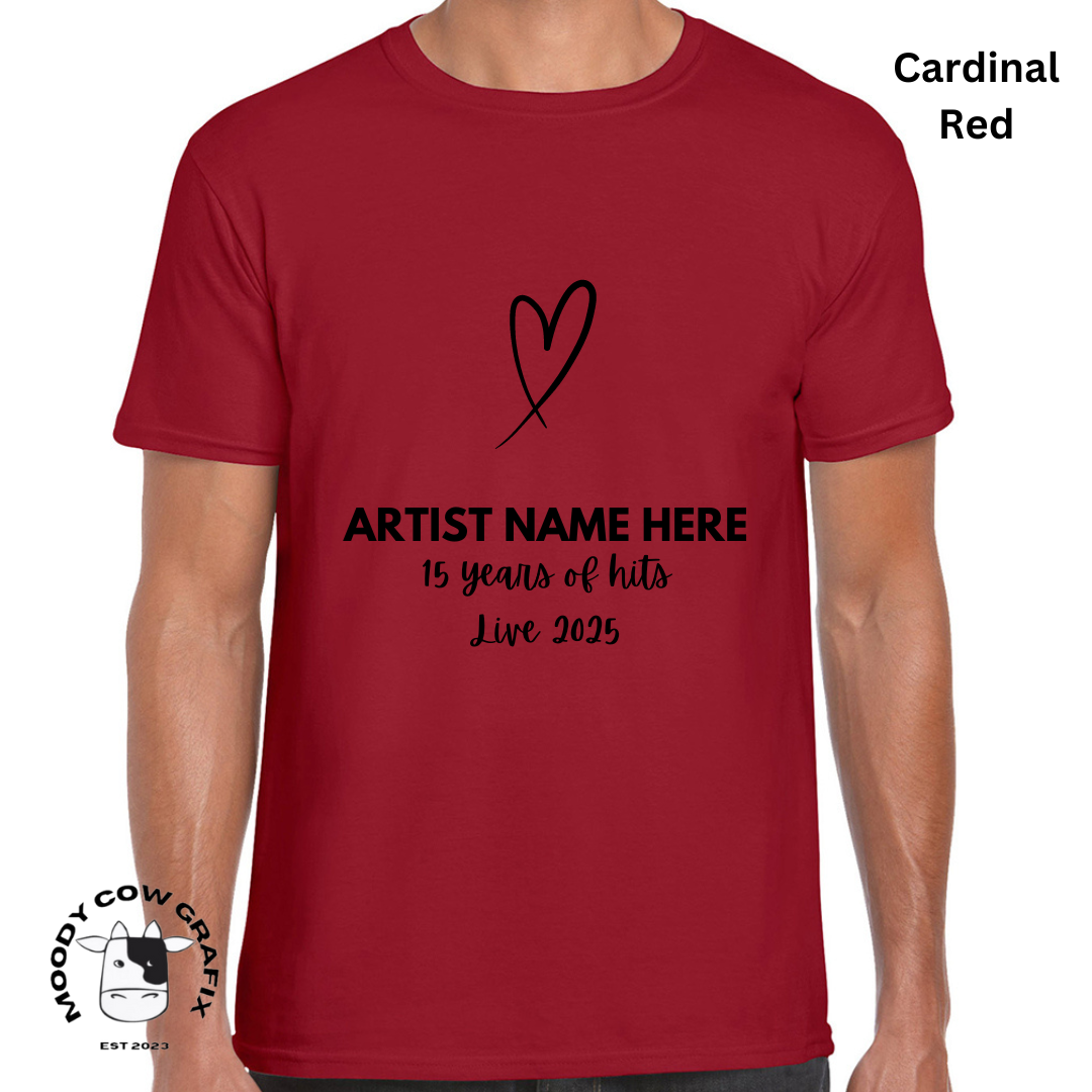 Custom Design -Unisex T-Shirt (Reds, Pinks, Yellow and Purple Colours) - 15 Years of Hits Live 2025