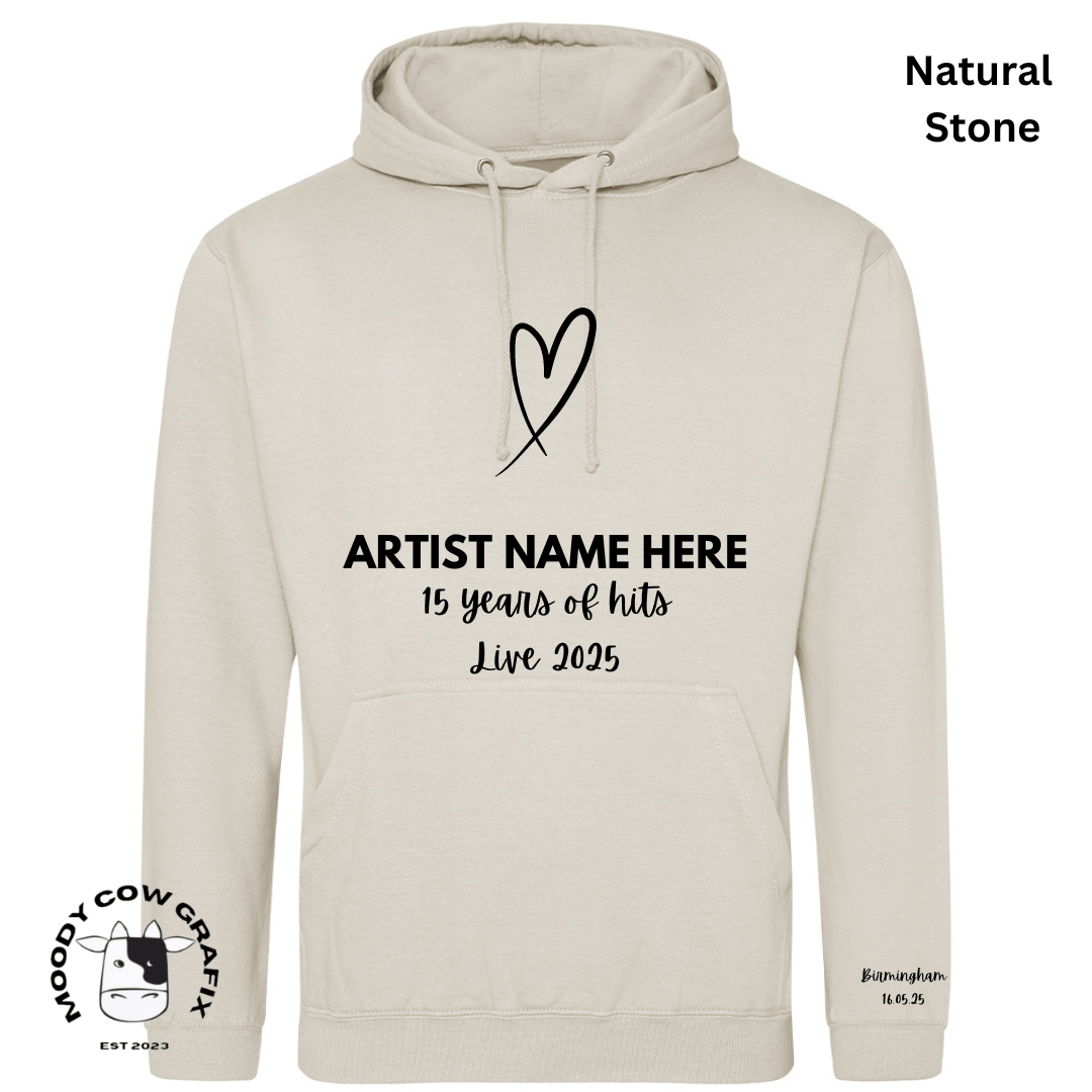 Custom Design Hoodie - 15 Years of Hits Live 2025 - Black, White, Natural Colours.