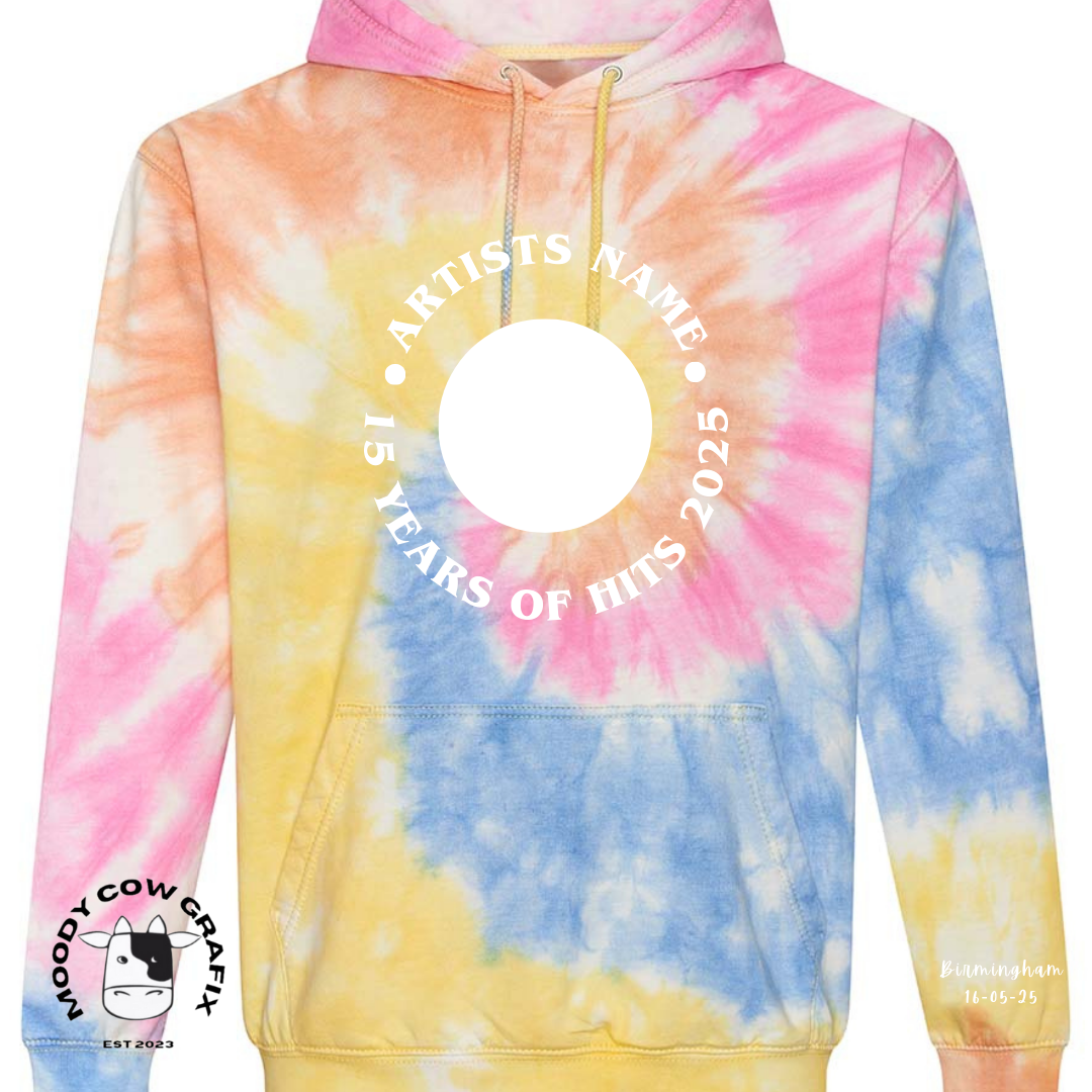 Custom Design -  Tie Dye Hoodie - 15 Years of Hits Live 2025 - Curved Design