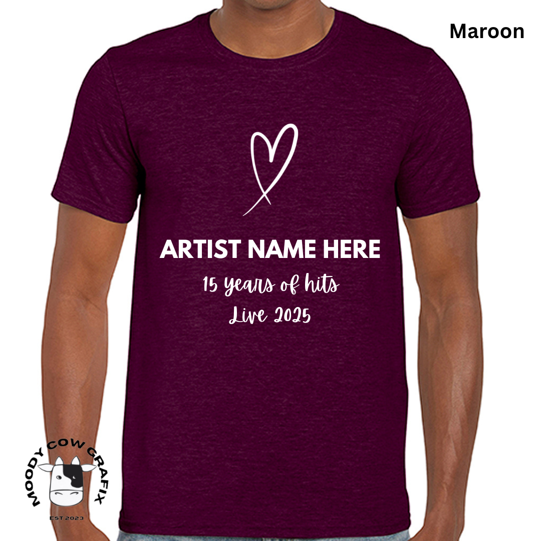 Custom Design -Unisex T-Shirt (Reds, Pinks, Yellow and Purple Colours) - 15 Years of Hits Live 2025