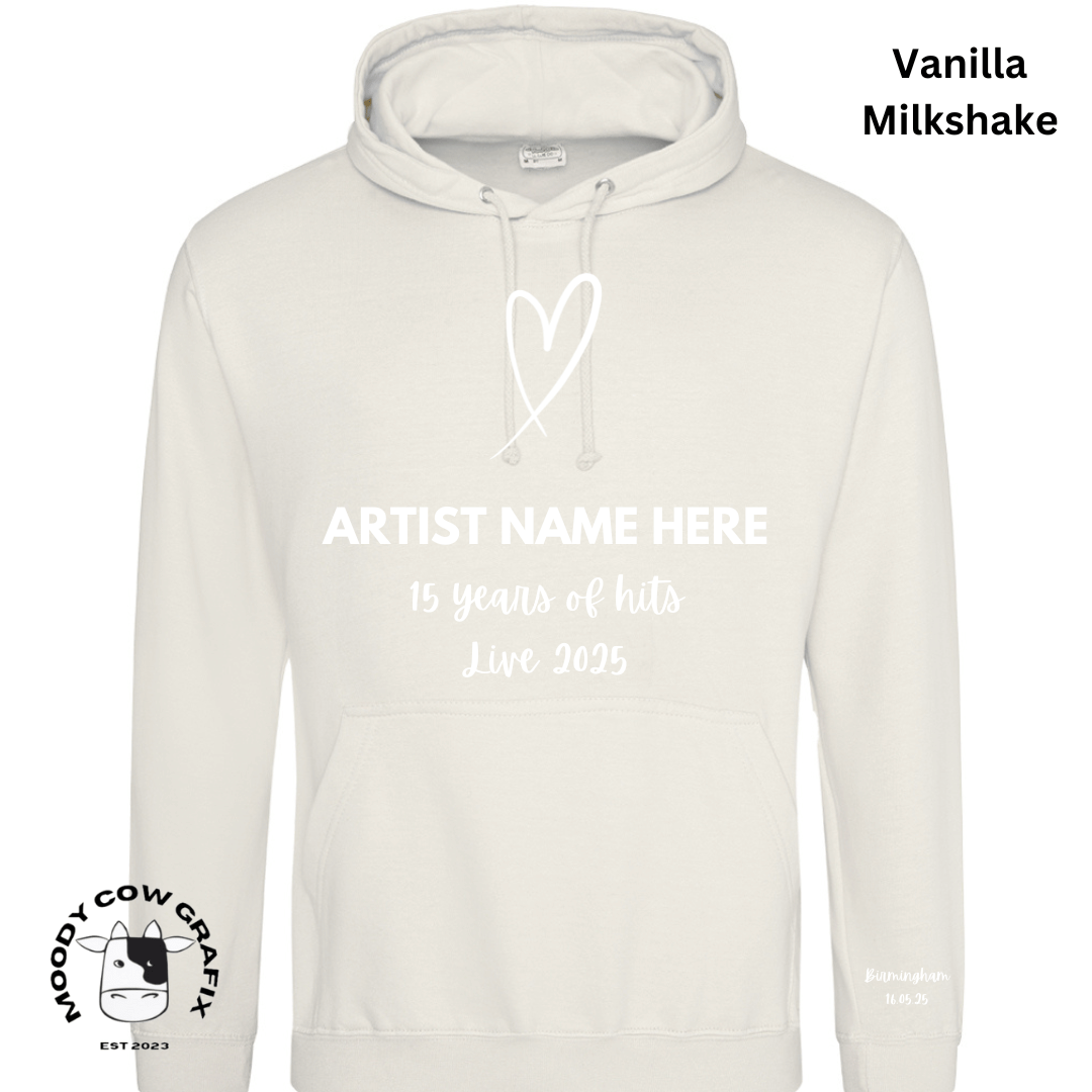 Custom Design Hoodie - 15 Years of Hits Live 2025 - Black, White, Natural Colours.