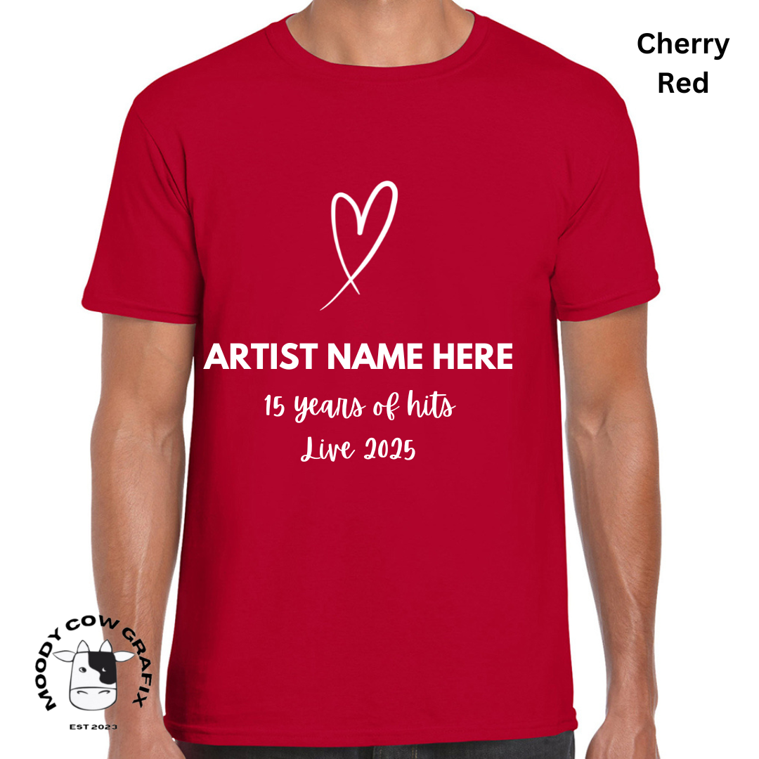 Custom Design -Unisex T-Shirt (Reds, Pinks, Yellow and Purple Colours) - 15 Years of Hits Live 2025