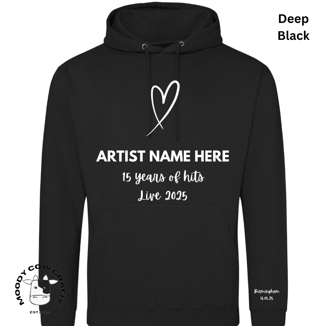 Custom Design Hoodie - 15 Years of Hits Live 2025 - Black, White, Natural Colours.