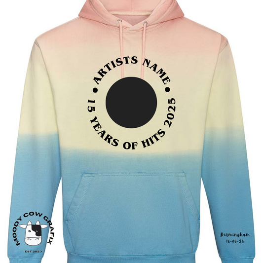 Custom Design -  Tie Dye Hoodie - 15 Years of Hits Live 2025 - Curved Design