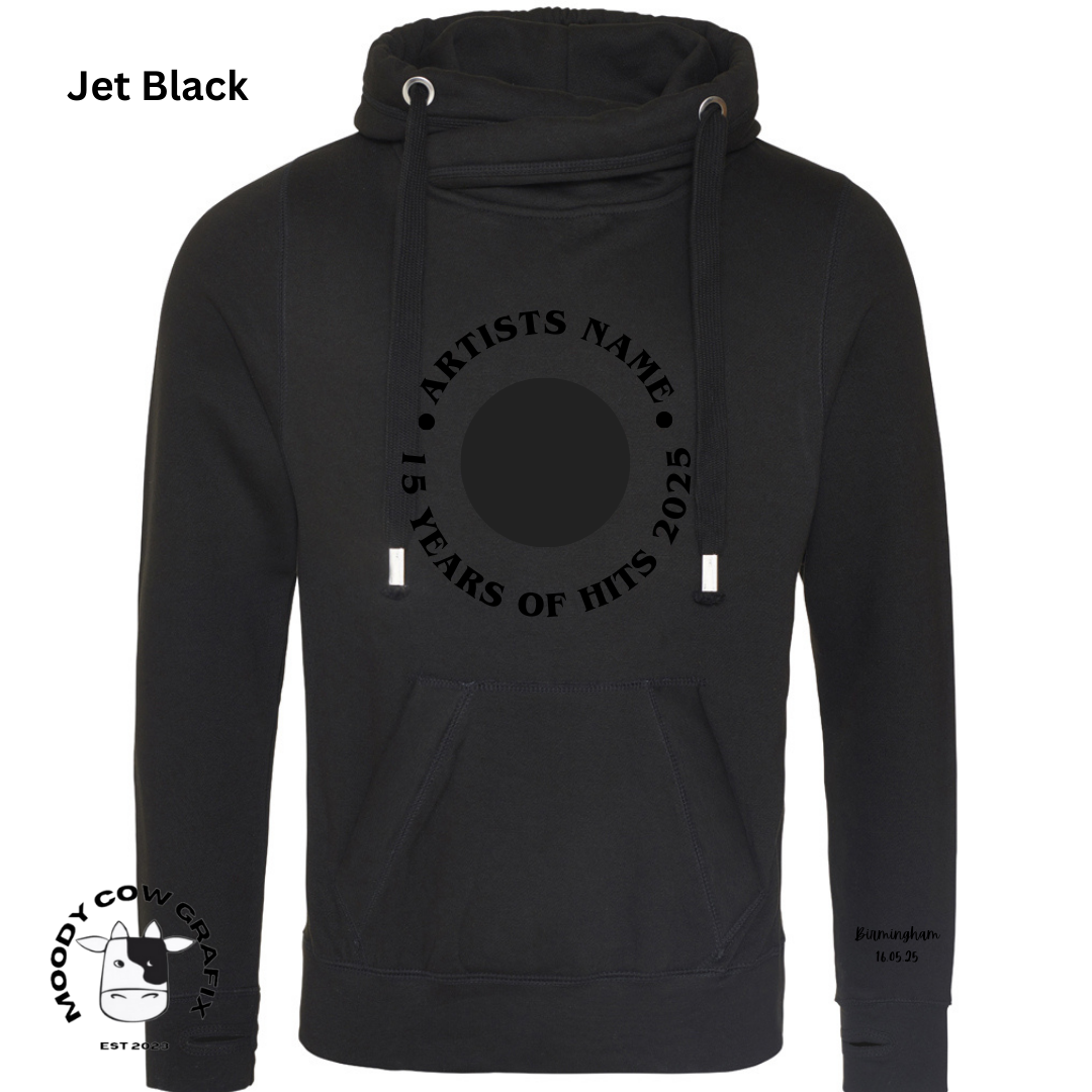 Custom Design - Cross Neck Hibernate Style Hoodie - 15 Years of Hits Live 2025 - Curved Design