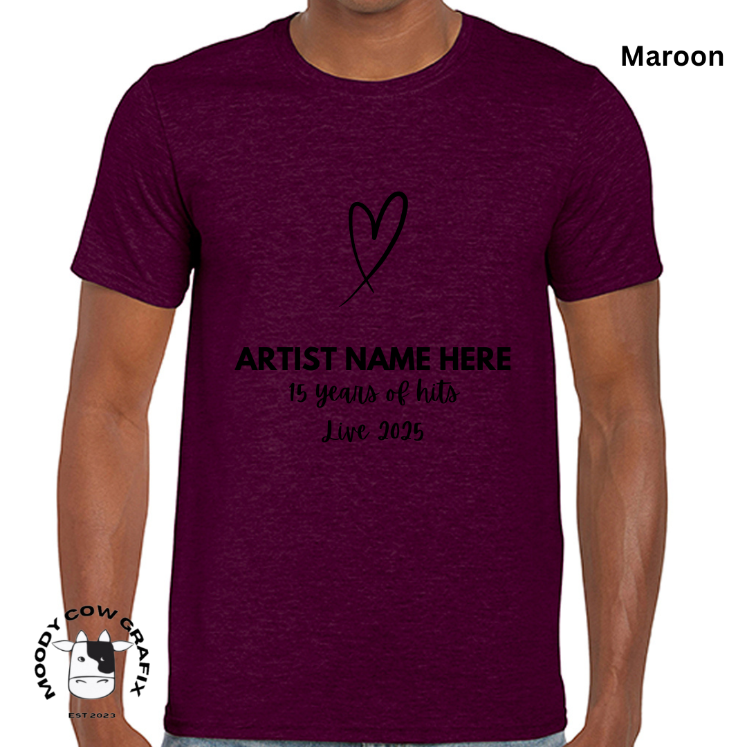 Custom Design -Unisex T-Shirt (Reds, Pinks, Yellow and Purple Colours) - 15 Years of Hits Live 2025