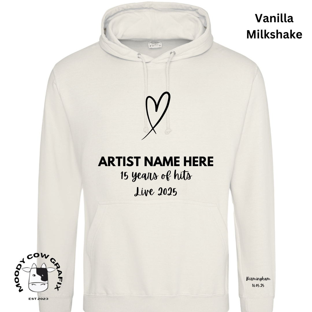 Custom Design Hoodie - 15 Years of Hits Live 2025 - Black, White, Natural Colours.