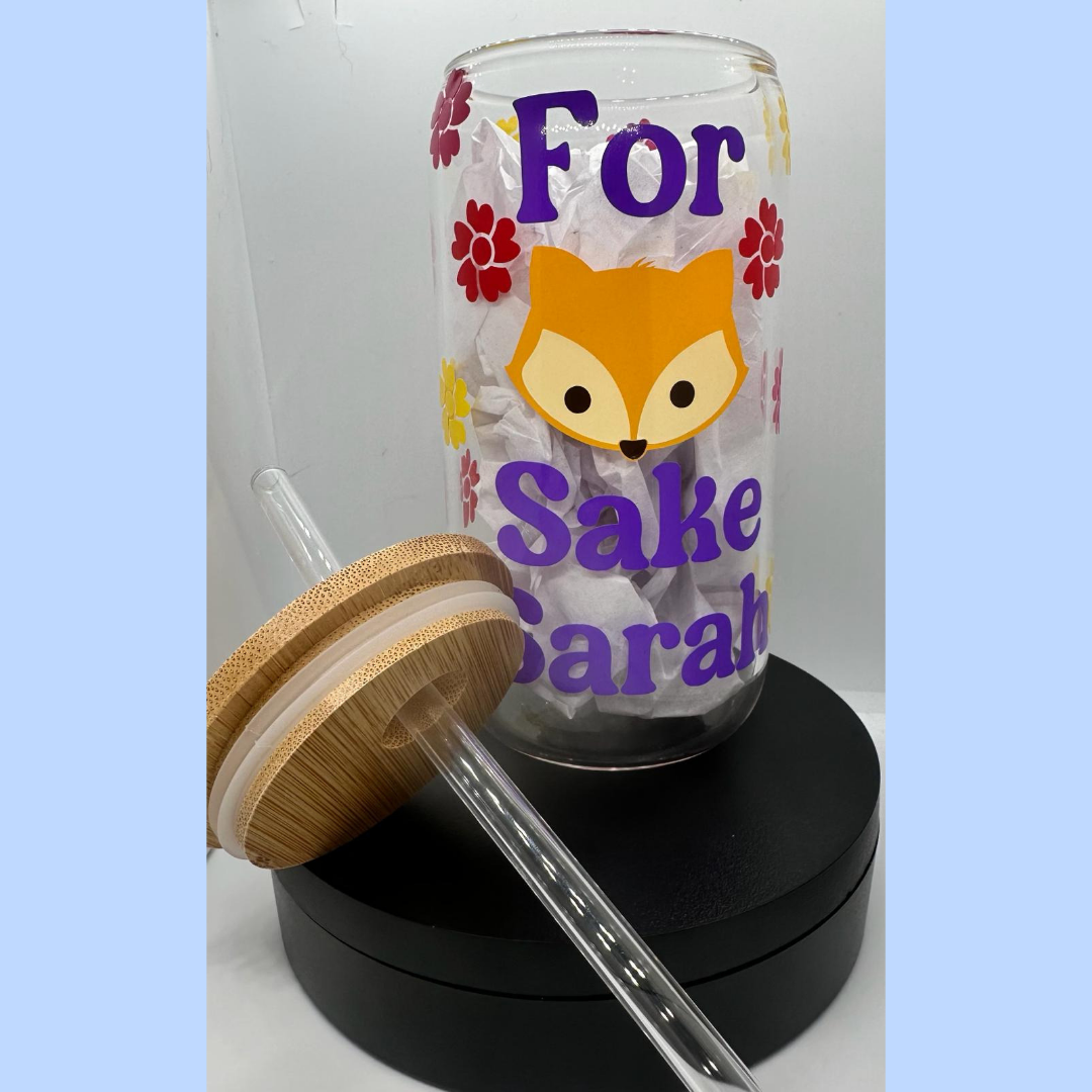 'For Fox Sake' Personalised Libbey Can Glass with lid and straw.