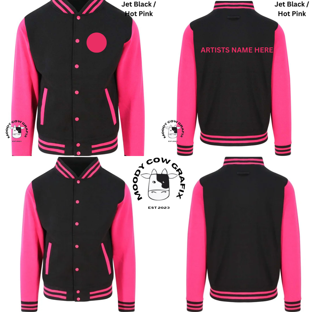 Custom Design Varsity Jacket - 15 years of hits Live 2025 - Black Jacket, various sleeve colours.