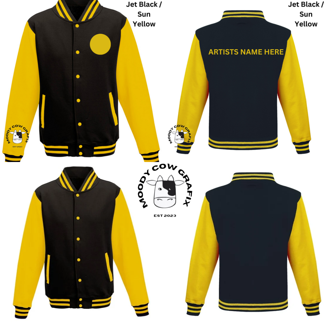 Custom Design Varsity Jacket - 15 years of hits Live 2025 - Black Jacket, various sleeve colours.