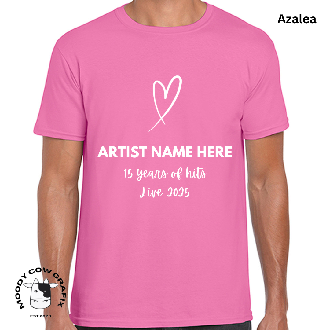 Custom Design -Unisex T-Shirt (Reds, Pinks, Yellow and Purple Colours) - 15 Years of Hits Live 2025