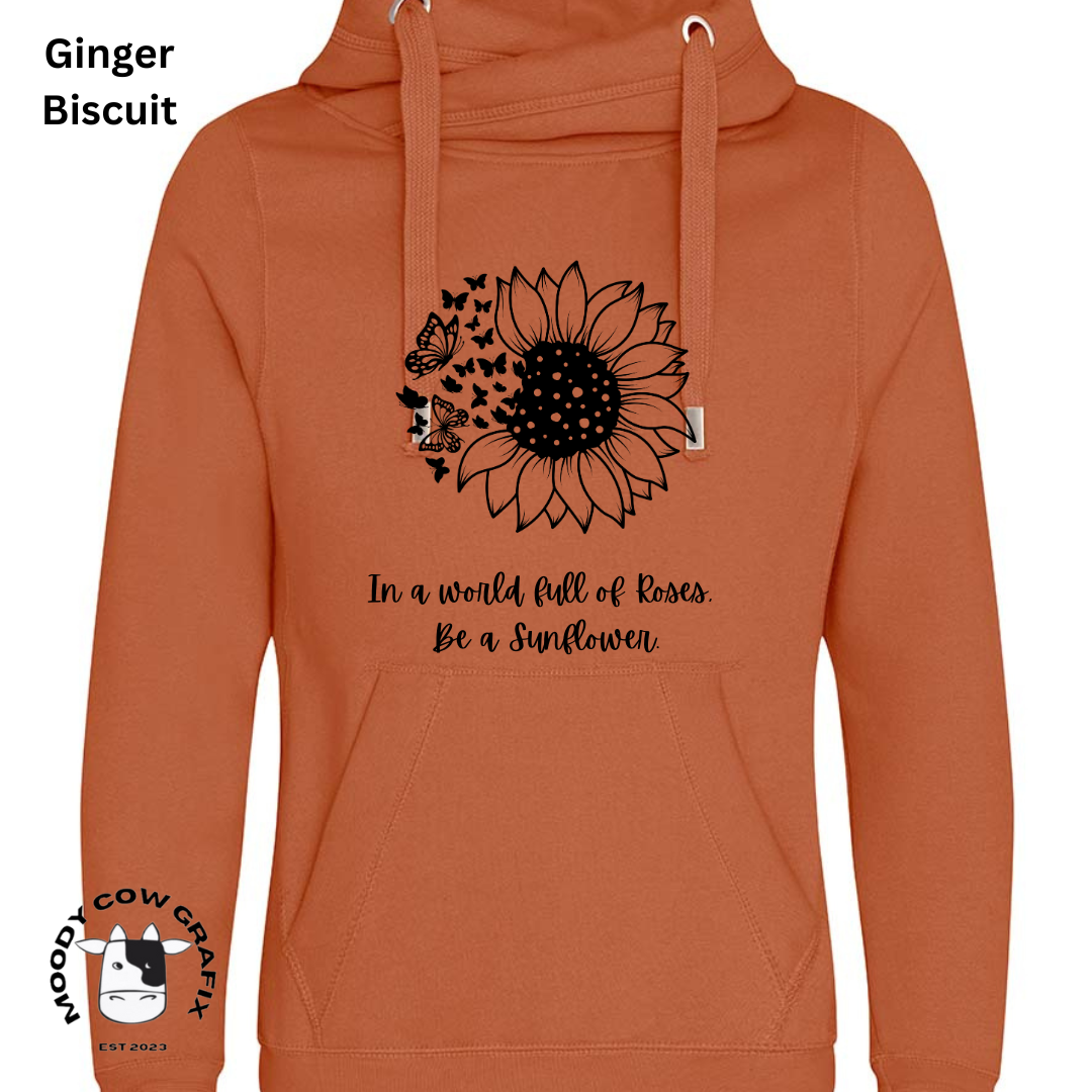 Sunflower and Butterfly Cross Neck Hibernate Style Hoodie 'In a world full of Roses, Be a Sunflower'