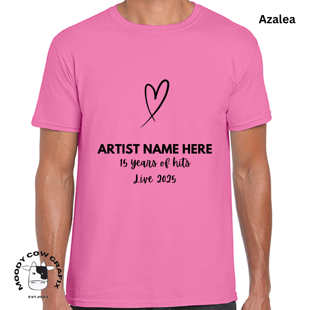 Custom Design -Unisex T-Shirt (Reds, Pinks, Yellow and Purple Colours) - 15 Years of Hits Live 2025