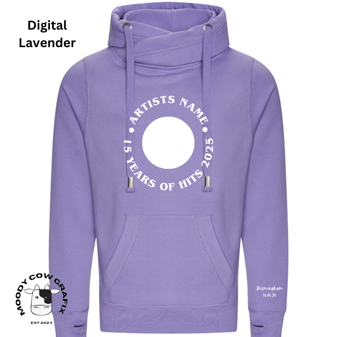 Custom Design - Cross Neck Hibernate Style Hoodie - 15 Years of Hits Live 2025 - Curved Design