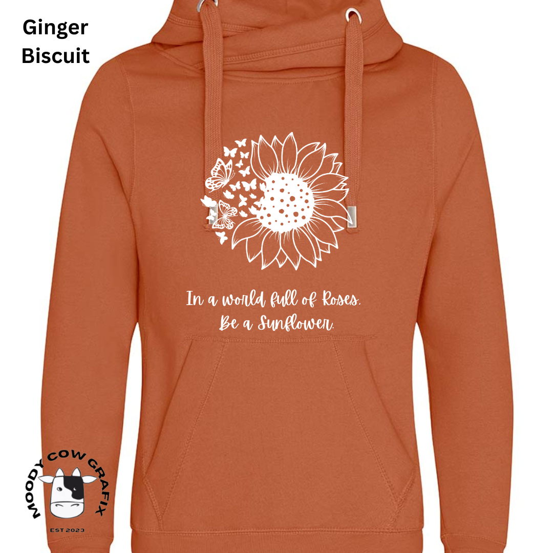 Sunflower and Butterfly Cross Neck Hibernate Style Hoodie 'In a world full of Roses, Be a Sunflower'